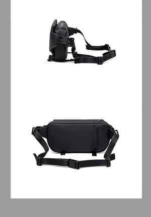 Black waterproof crossbody bag, front and side views with adjustable shoulder strap.