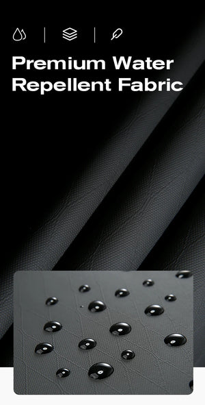 Dark textured water-repellent fabric with water droplets on surface