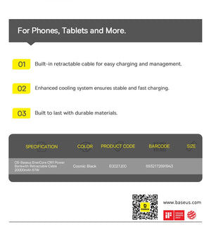 BASEUS EnerCore CR11 Power Bank with Built-In Retractable Cable