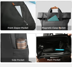 Black roll-top travel backpack with front zipper pocket and magnetic clasp pocket