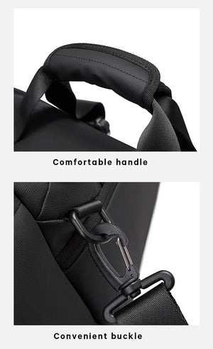 Black waterproof duffle bag handle close-up with buckle and metal hardware