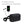 Black bag with phone, earbuds, and charging cable on a white background