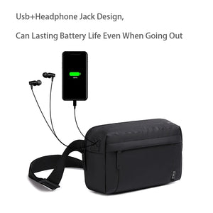Black bag with phone, earbuds, and charging cable on a white background