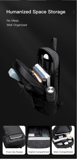 Black travel backpack interior layout with main compartment and zip organizer pouch