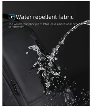 Black waterproof backpack with water-repellent fabric and protective seam stitching