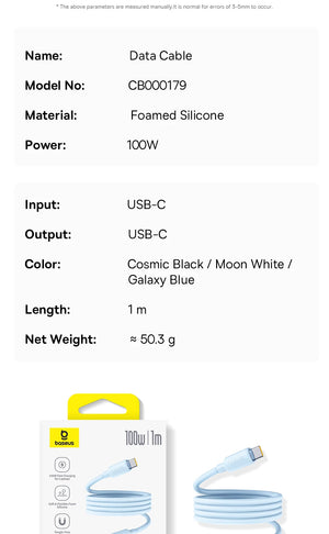 BASEUS Foamed Silicone Pro 100W Type-C to Type-C Magnetic Coiled Charging Cable