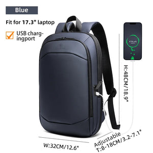 Blue backpack with front panel, padded shoulder straps, and side USB charging port