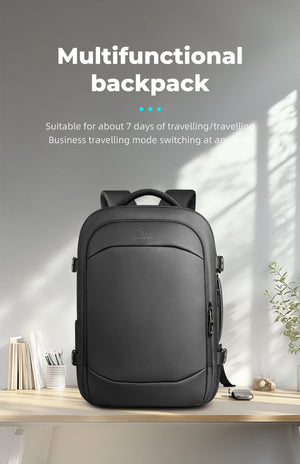 Black multifunction backpack with padded back panel and dual zipper closures