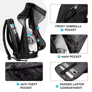 Black travel backpack with side storage, padded laptop compartment, and anti-theft pocket.