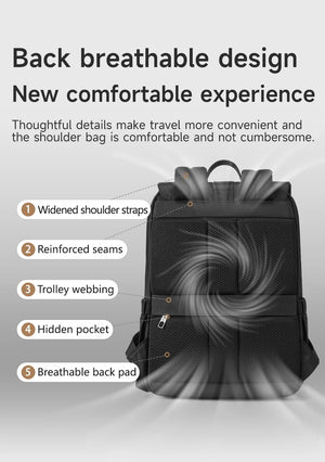 Black backpack back panel with breathable padding, reinforced seams, hidden pocket