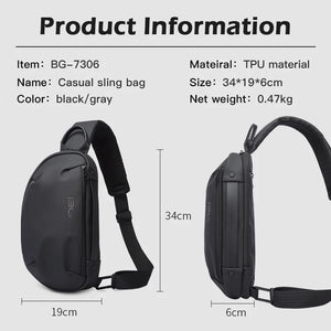 Black/grey sling crossbody bag, front and side views, with adjustable strap and zipper