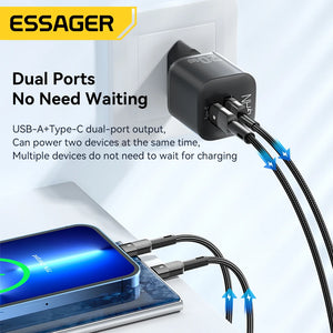 ESSAGER 20W GaN USB Charger with PD Fast Charging and QC3.0 - Black