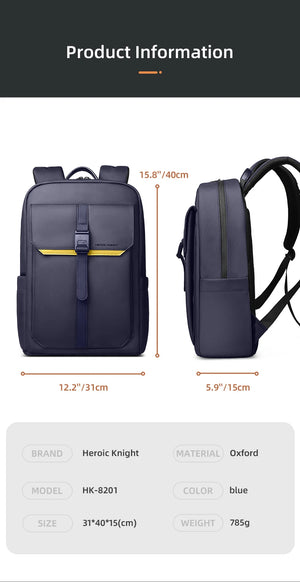 Blue commuter backpack front and side views with padded straps and yellow trim
