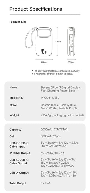 BASEUS QPow3 Fast Charging Power Bank with Built-In Cable