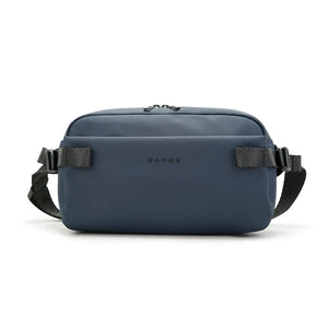Blue crossbody bag front view with adjustable shoulder straps and top zipper.