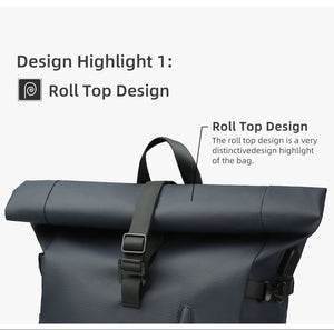 Dark roll-top waterproof backpack with roll-top closure and front buckle