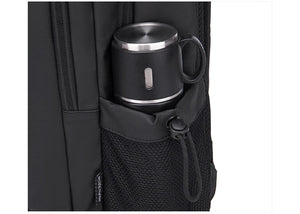 Black insulated side pocket for a travel tumbler on a waterproof backpack