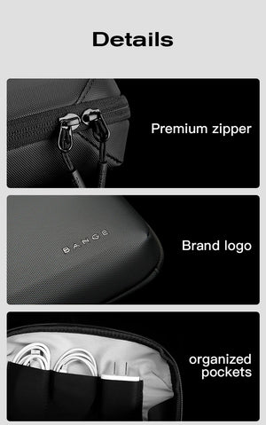 Black organizer bag details: premium zipper, brand logo, organized pockets