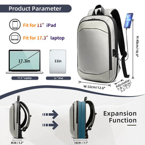 Expandable travel backpack with USB charging port and laptop/iPad size fit view