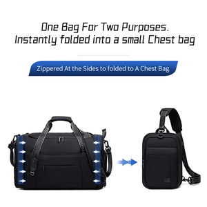 Waterproof duffel bag folded into a compact chest bag with crossbody strap.
