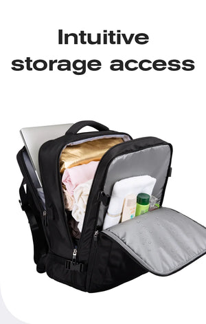 Black travel backpack open to show interior compartments and a dry-wet style separation pocket