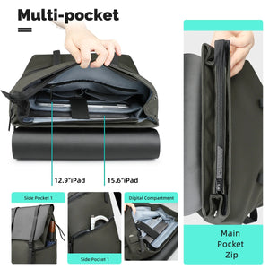 Green backpack open interior with main pocket zip, side pocket, and 15.6-inch iPad space