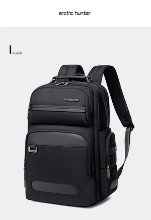 Black waterproof travel backpack with front latch pocket and two-tone paneling