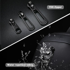 Black backpack with water-repellent fabric and YKK-style zipper pulls