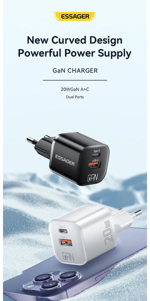 ESSAGER 20W GaN USB Charger with PD Fast Charging and QC3.0 - White