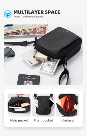 Black crossbody bag with flap top, zipper closure, and multi-pocket interior
