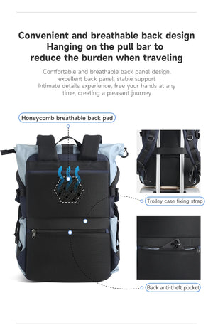 Blue travel backpack back view with breathable pad and trolley case fixing strap.