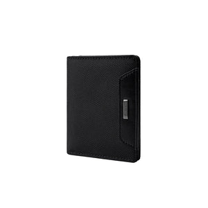 Men's slim bifold wallet, black textured fabric with metal logo tab.