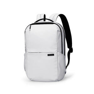 Compact laptop backpack in white with black trim, front zip pocket, and shoulder straps