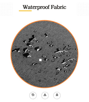 Waterproof black backpack fabric with visible water-bead droplets on textured surface.