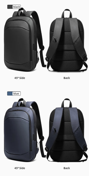 Travel backpack color display: black and blue/black versions, 45° side and back views