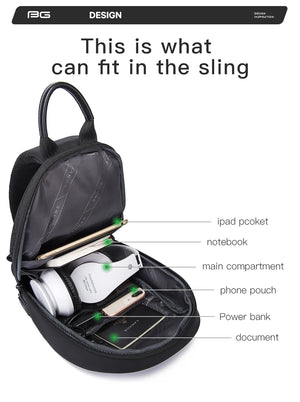 Black crossbody sling bag open, showing multiple inner compartments and a phone pouch.
