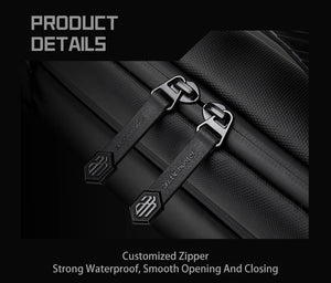 Black lightweight waterproof crossbody bag, close-up zipper with metal pulls