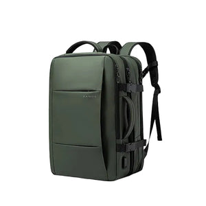 Large expandable travel backpack in dark green with front panel and side straps