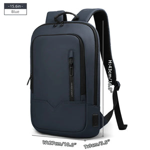 Blue compact waterproof backpack with front pocket, side strap, and USB port panel