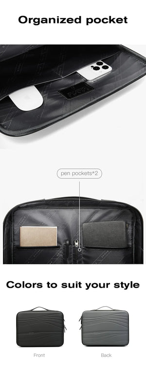 Black laptop sleeve interior organizer pocket with zip divider and pen sleeves.