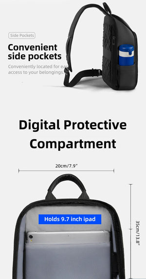 Black crossbody bag with side pockets and dedicated tablet compartment