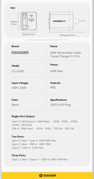 ESSAGER 65W GaN USB Charger with Retractable Cable and Power Delivery - Black
