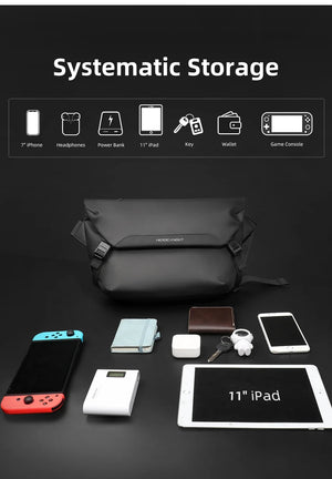 Black crossbody bag with organized storage for phone, iPad, keys, and accessories