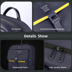 Navy waterproof backpack with PU handle, magnetic buckle, and high-quality zipper