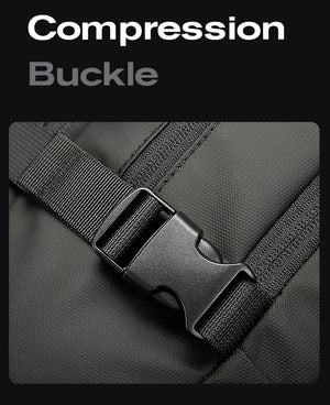Black backpack chest buckle strap detail with adjustable webbing