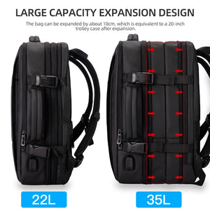 Expandable black travel backpack shown expanded on the right and compact on the left