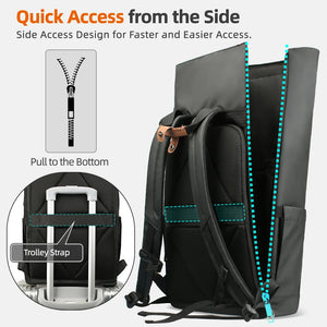Black roll-top backpack with side quick-access opening and padded shoulder straps.