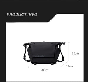 Black compact crossbody bag with front flap, side loops, and adjustable strap