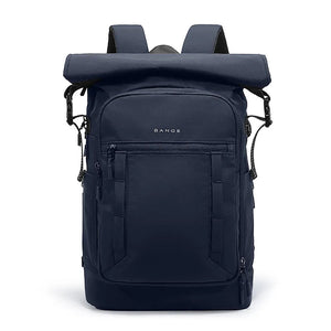 Navy roll-top waterproof travel backpack with front logo pocket and straps