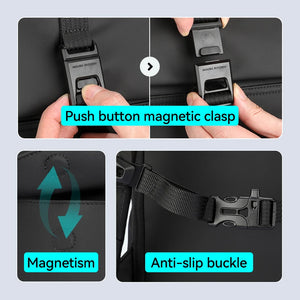 Roll-top backpack close-up: push-button magnetic clasp and anti-slip buckle
